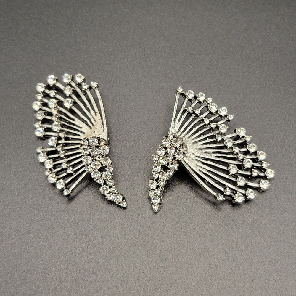 Vintage Medium Fan Sunburst Statement Stud Earrings Women Silver Rhinestone New